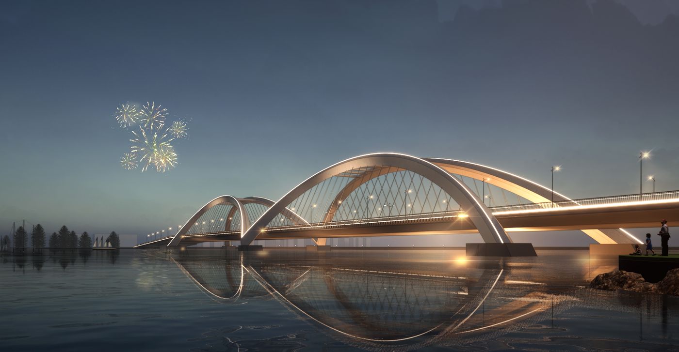 Phối cảnh cầu Fairy Bridge lúc hoàng hôn tại Vinhomes Green Paradise Cần Giờ — cầu cảnh quan bắc qua biển hồ