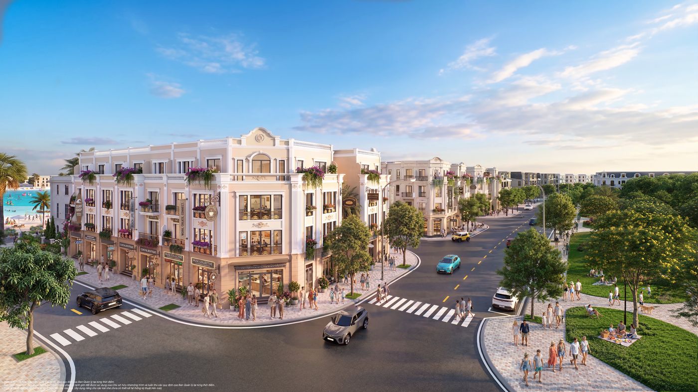 Phối cảnh dãy nhà phố thương mại Sóng Xanh tại Vinhomes Green Paradise Cần Giờ — phố mua sắm ven biển sầm uất
